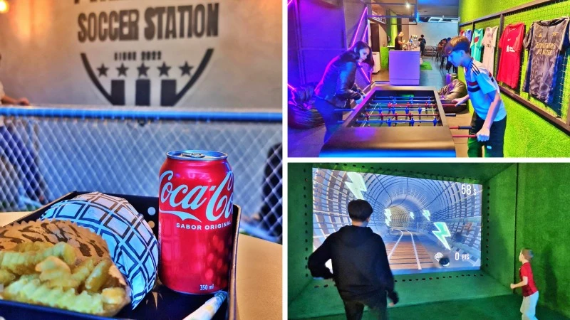 Família se divertindo no Soccer Station, restaurante temático em São Paulo para ir com filhos que amam futebol