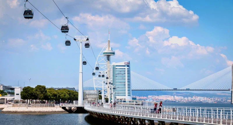 Vista panorâmica do teleférico do Parque das Nações em Lisboa, com o rio Tejo e a Ponte Vasco da Gama ao fundo, durante viagem para Portugal.