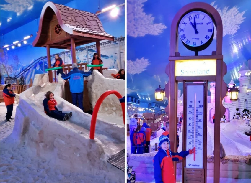 Crianças brincando na neve no Snowland, em Gramado, incluindo Gabriel do blog Vamos Por Aí