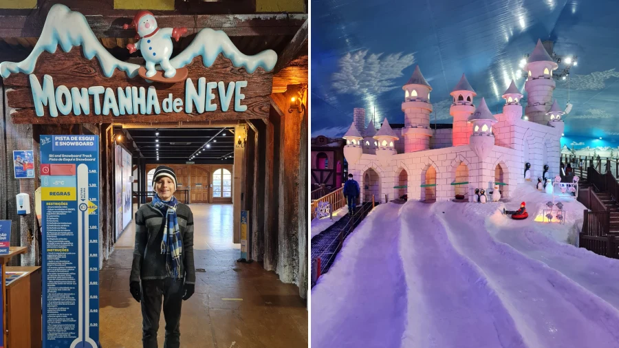Montanha de Neve no parque Snowland em Gramado, com visitantes brincando na neve artificial