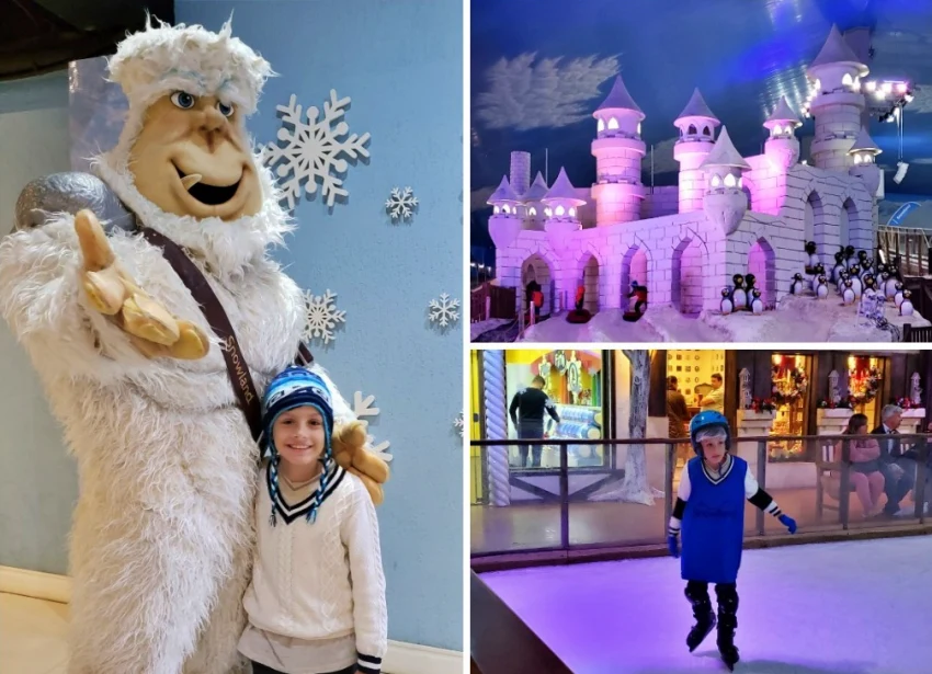 Gabriel do Vamos Por Aí no Snowland: patinando no gelo, brincando na Montanha de Neve e posando com o mascote do parque