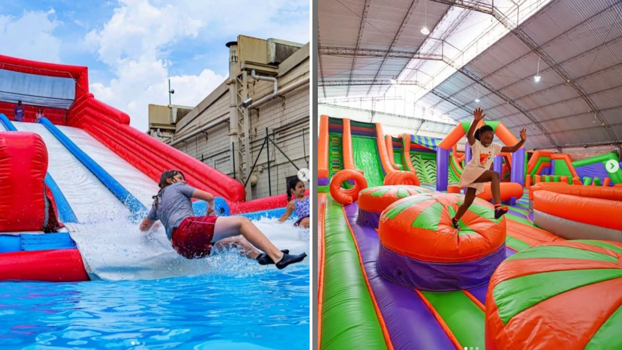 Crianças se divertindo em um parque de infláveis com atividades aquáticas em São Paulo, um dos melhores lugares para levar crianças em São Paulo.