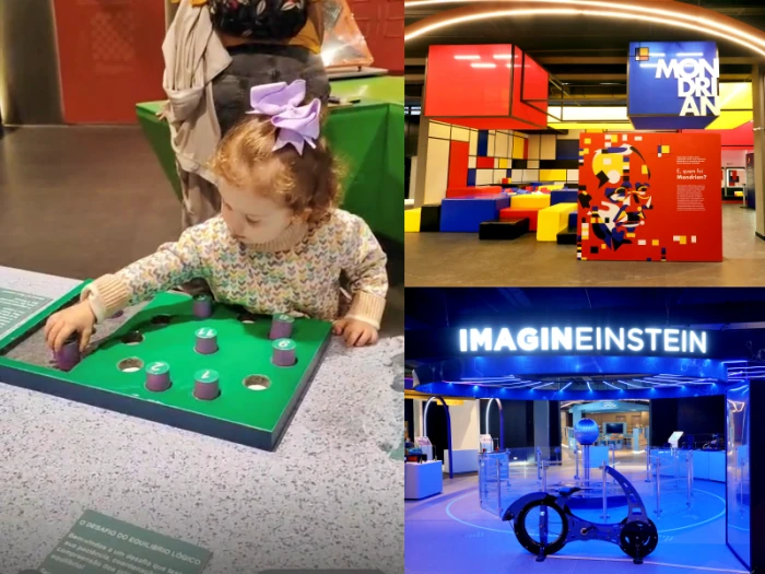 Criança brincando no Museu da Imaginação em São Paulo, explorando as exposições ImaginEinstein e Mondrian, um dos melhores passeios para crianças em São Paulo