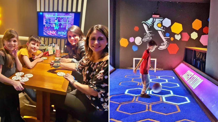 Vamos Por Aí se divertindo nos restaurantes temáticos Soccer Station e Fan Hour em São Paulo.
