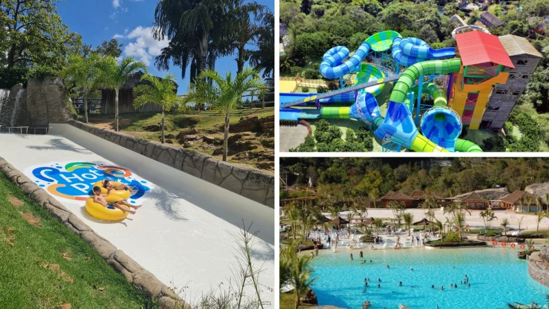 Hot Park em Rio Quente, um dos melhores parques aquáticos do Brasil, tobogãs e Praia do Cerrado