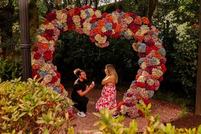 Homem ajoelhado pedindo uma mulher em casamento no Jardim do Amor, um dos lugares românticos em Gramado.
