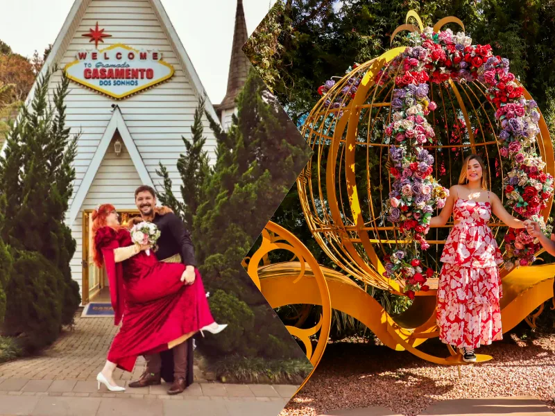 O que fazer em Gramado a dois: casal em frente ao Casamento dos Sonhos e pessoa na carruagem do Jardim do Amor.