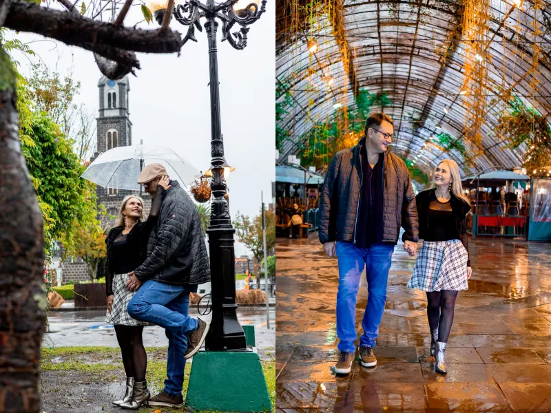 Casal em seu primeiro dia em Gramado, posando em frente à Igreja de São Pedro e caminhando pela Rua Coberta como parte de sua viagem romântica para Gramado.