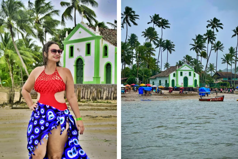 Carol do Vamos Por Aí na igrejinha da Praia dos Carneiros em dia ensolarado – o que fazer em Porto de Galinhas